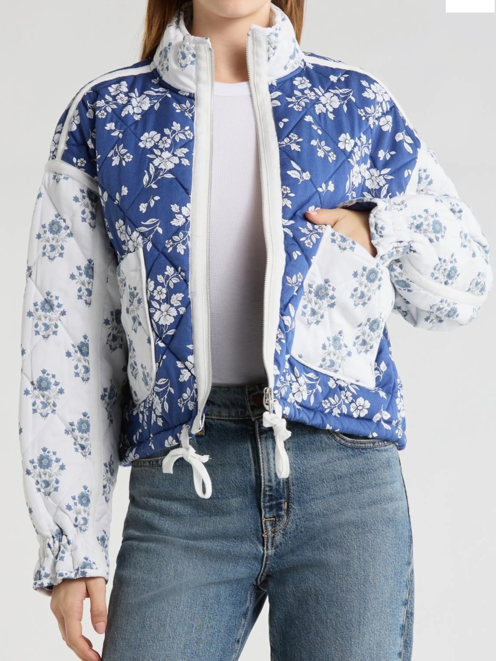 Blank NYC Blue and White Floral Quilted Puffer Jacket